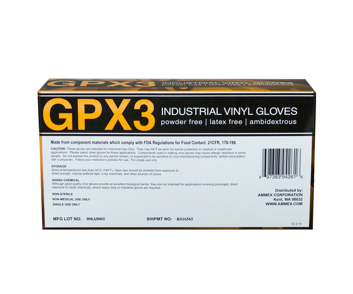 Large -GPX3 Vinyl Gloves, Powder Free.